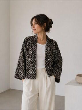 RAAG Kimono Jacket Womens Black Floral 100% Silk Velvet Oversized Minimalist